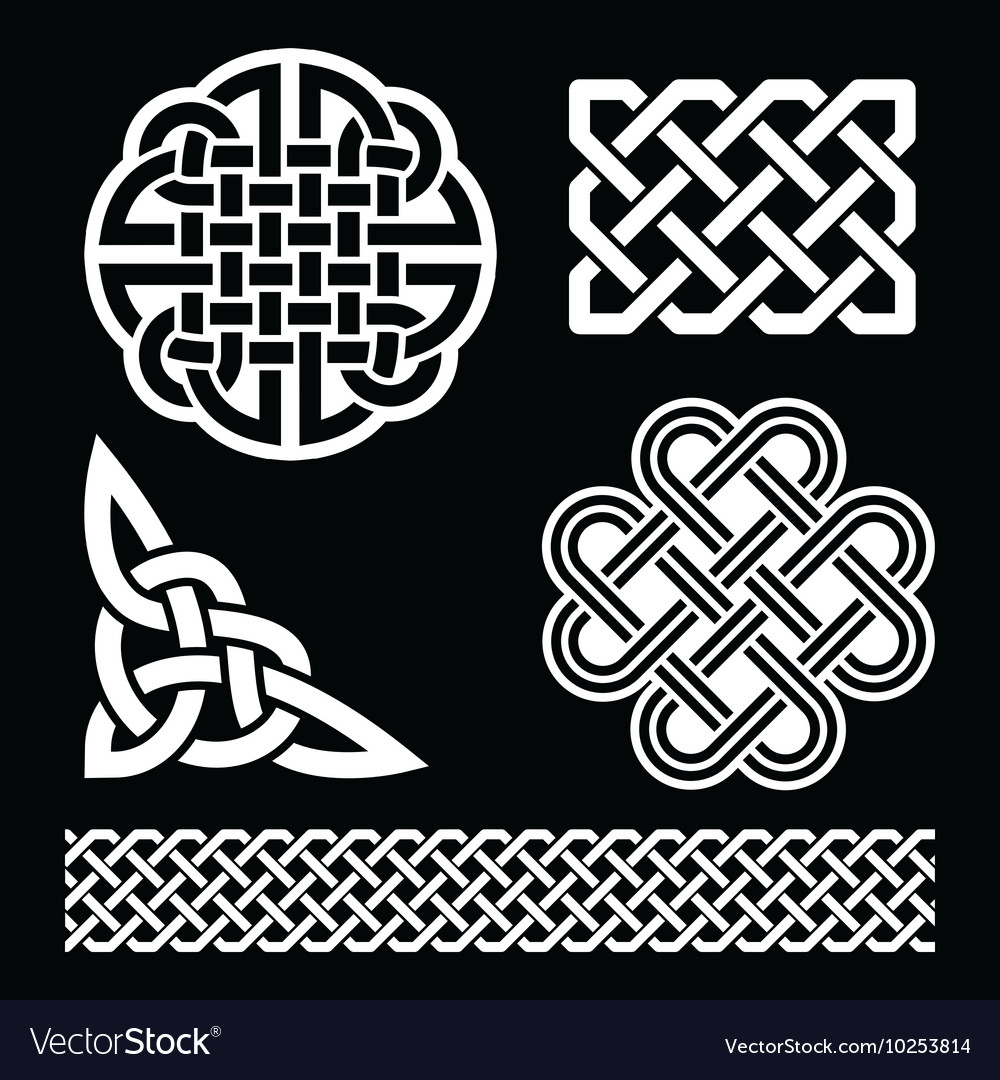 Celtic white knots braids and patterns on black Vector Image