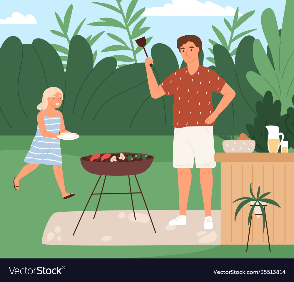 Happy family cooking barbecue at backyard Vector Image