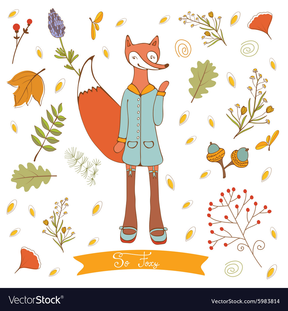 Hello autumn elegant card with cute fox character