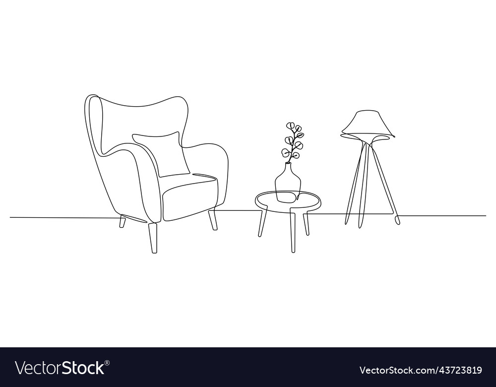 One continuous line drawing of armchair and lamp Vector Image