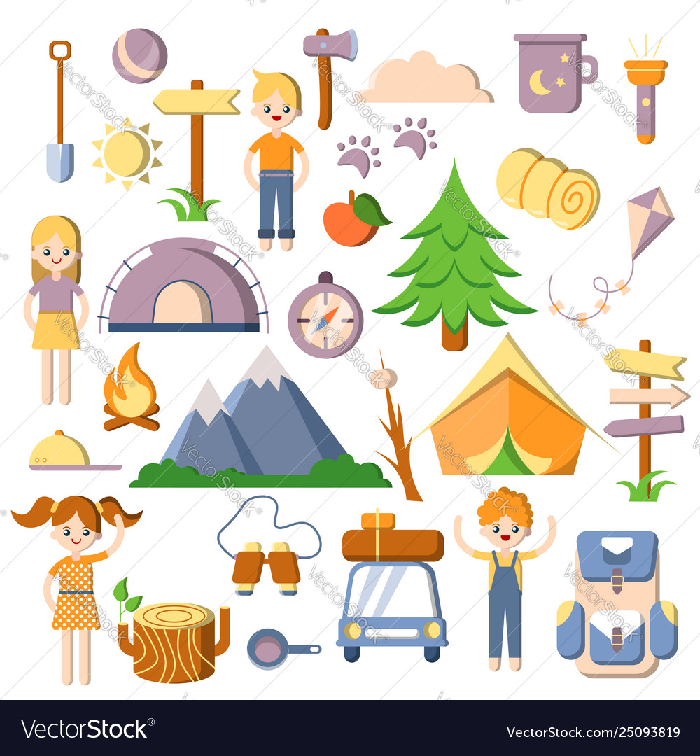 Summer kids camping flat cartoon set Royalty Free Vector Summer kids camping flat cartoon set Royalty Free Vector
