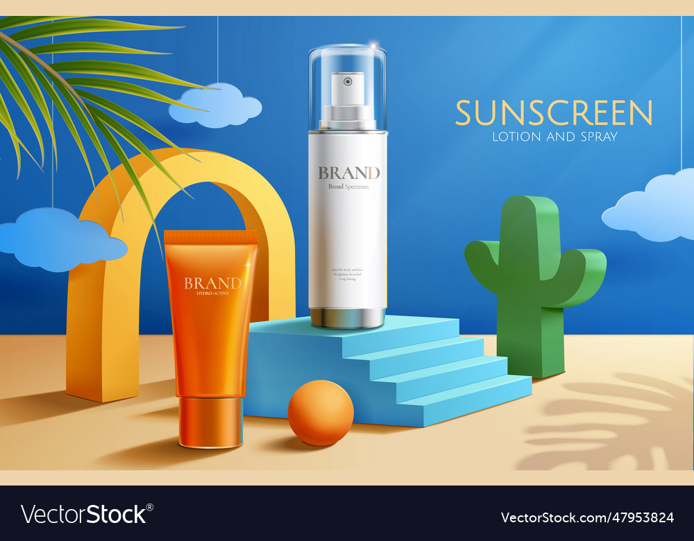 Sunscreen lotion and spray ad Royalty Free Vector Image