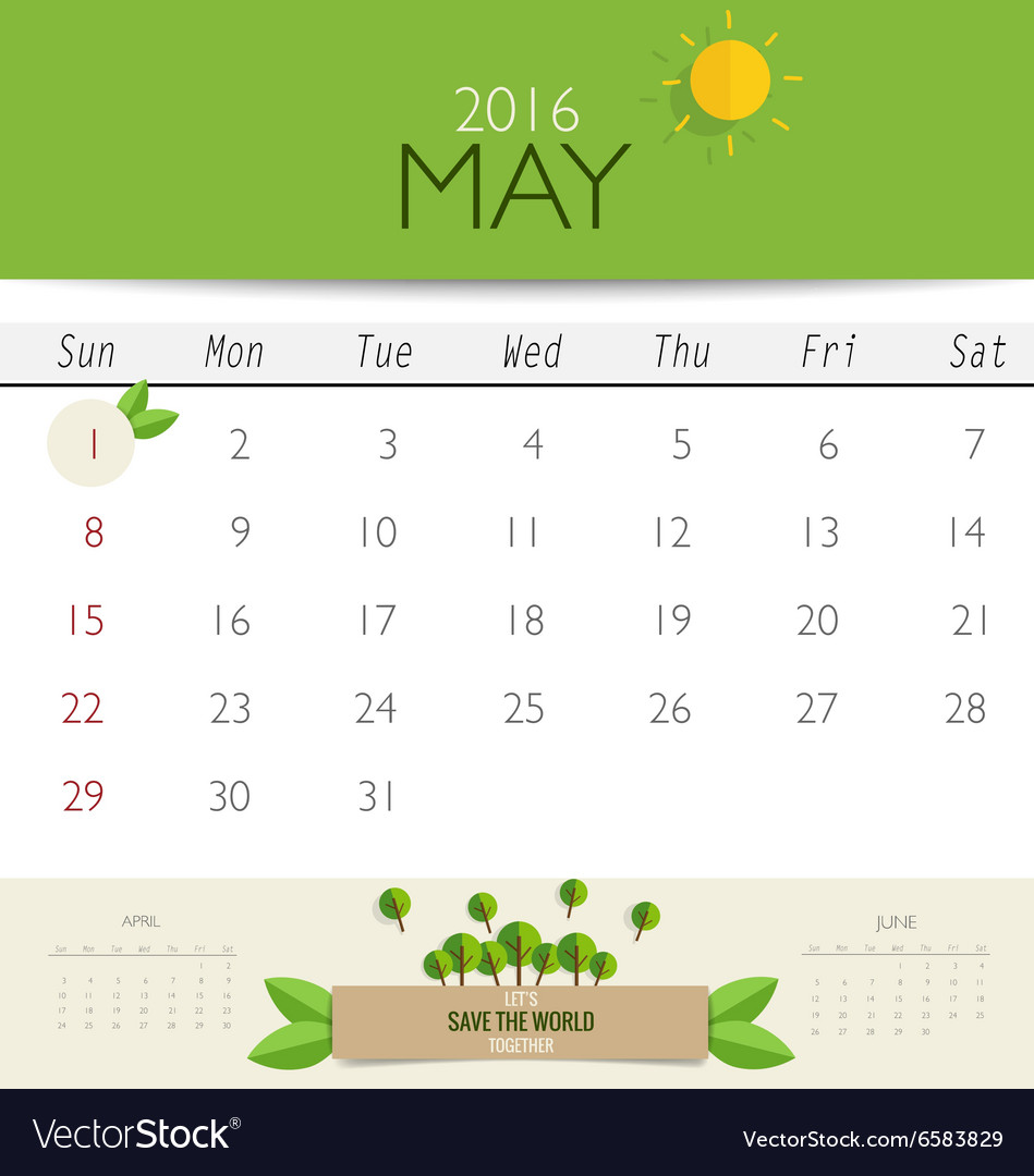 2016 calendar monthly template for may