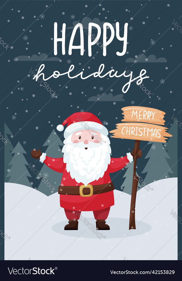 Christmas greeting card santa is holding a wooden