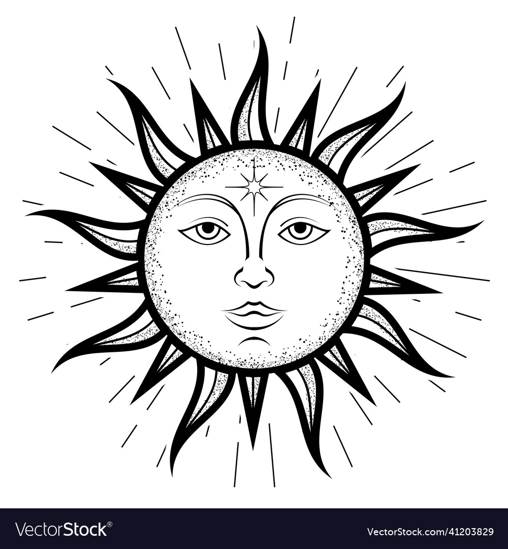 Sun face symbol with wavy rays vintage style