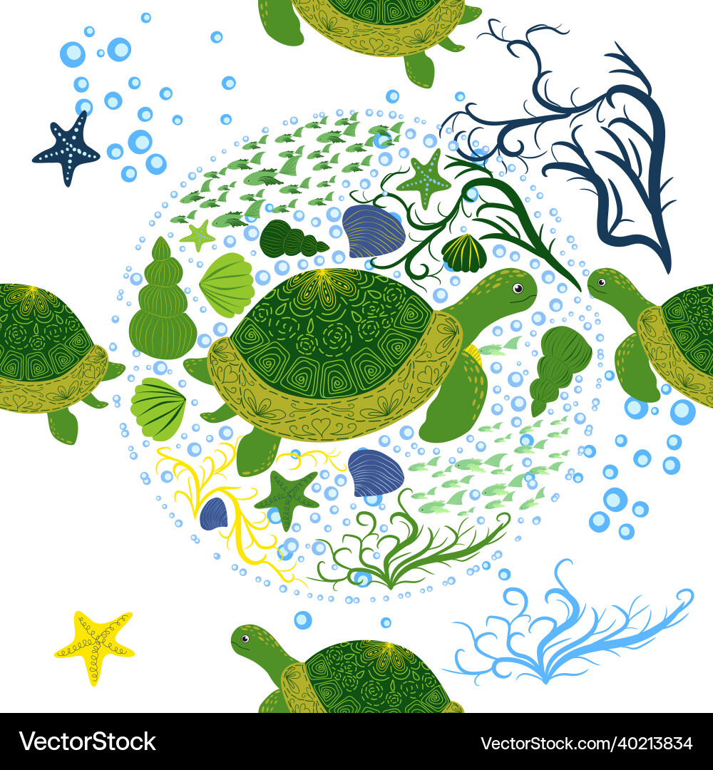 Turtle green seamless pattern beautiful character Vector Image