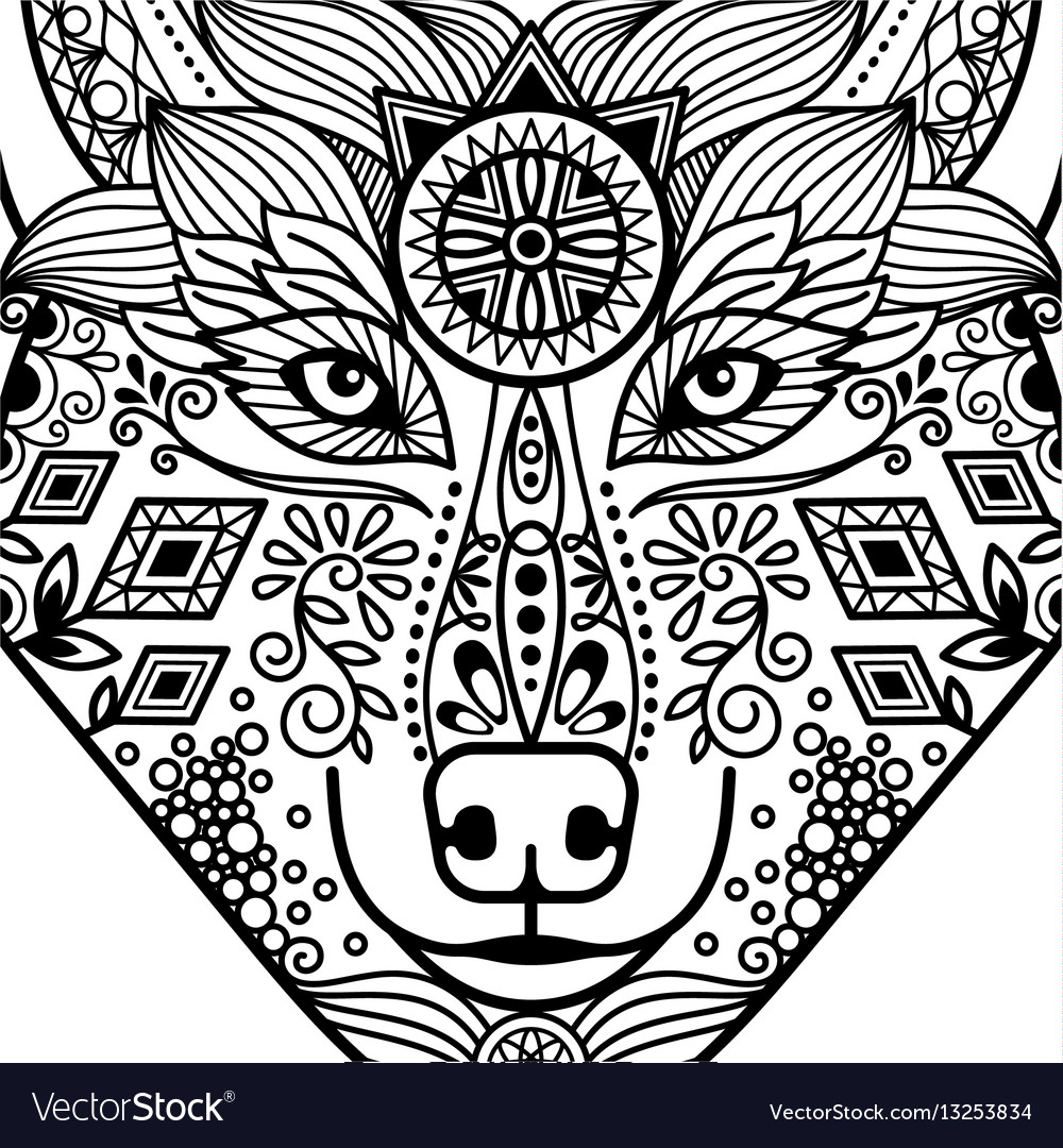 Zentangle black contour wolf head Royalty Free Vector Image