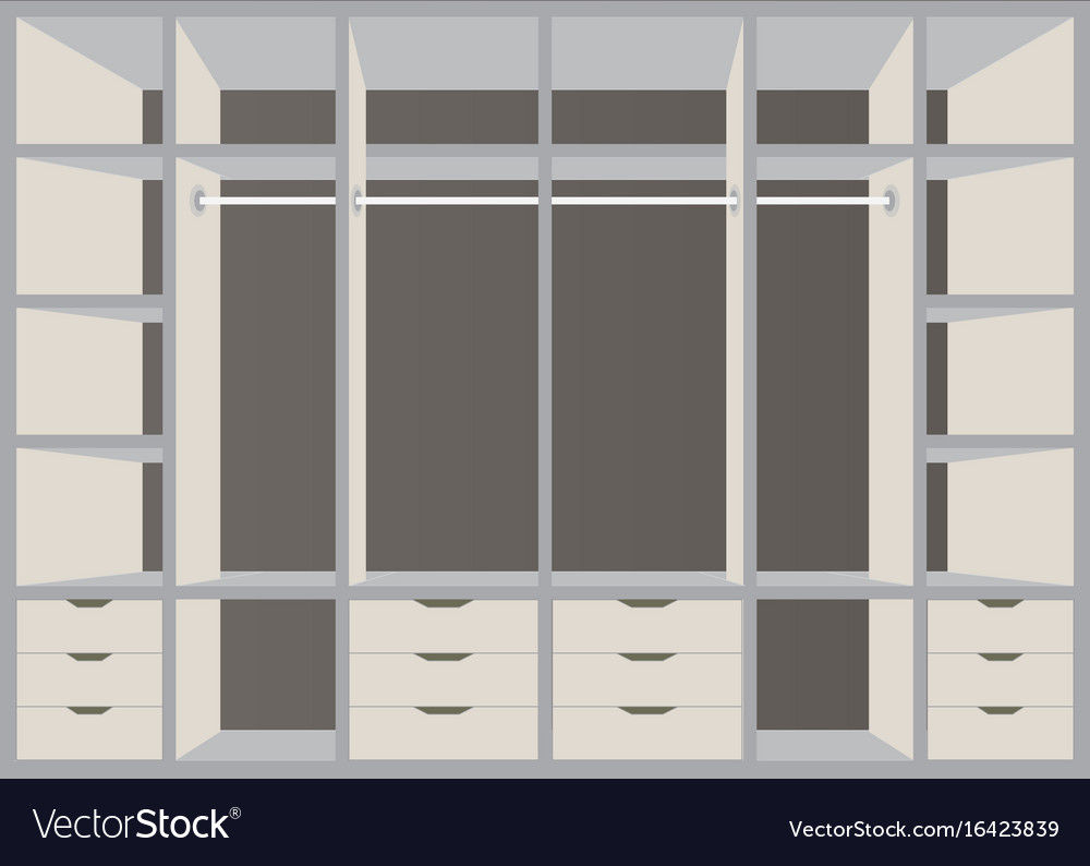 Flat design walk in closet with shelves