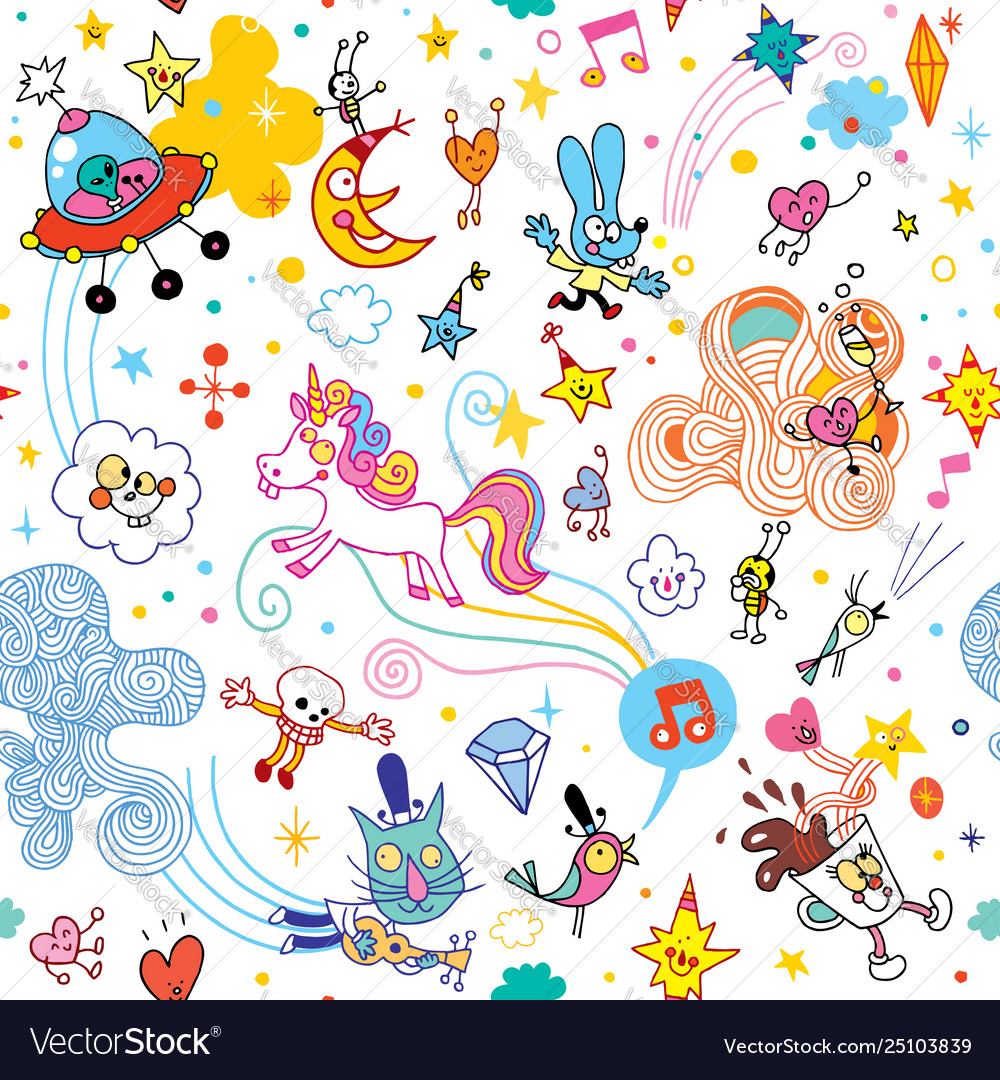 Fun Cartoon Comic Characters Seamless Pattern Vector Image Fun Cartoon Comic Characters Seamless Pattern Vector Image
