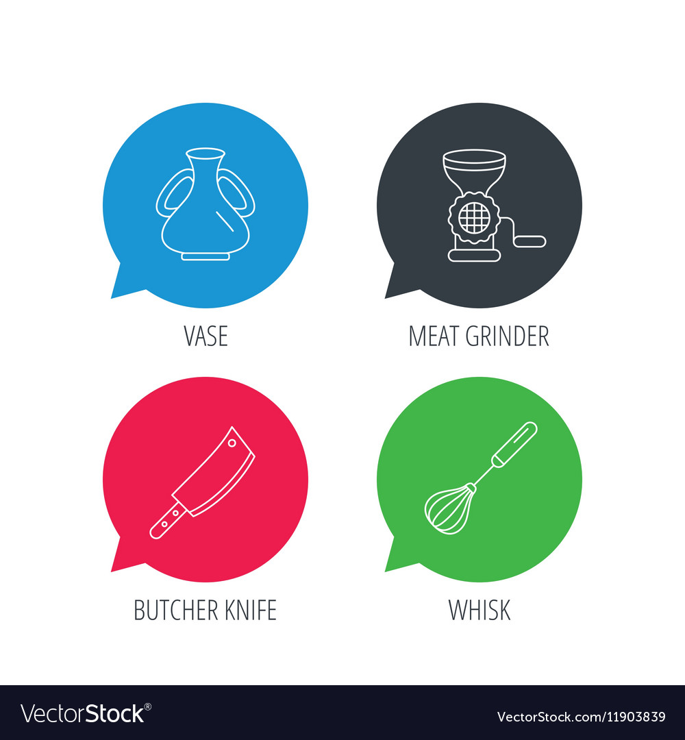 Meat grinder butcher knife and whisk icons Vector Image