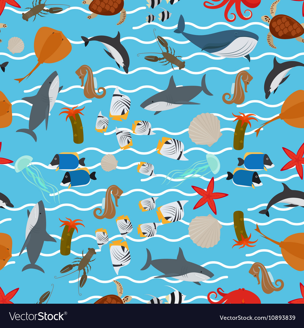 Sea animals seamless pattern with waves