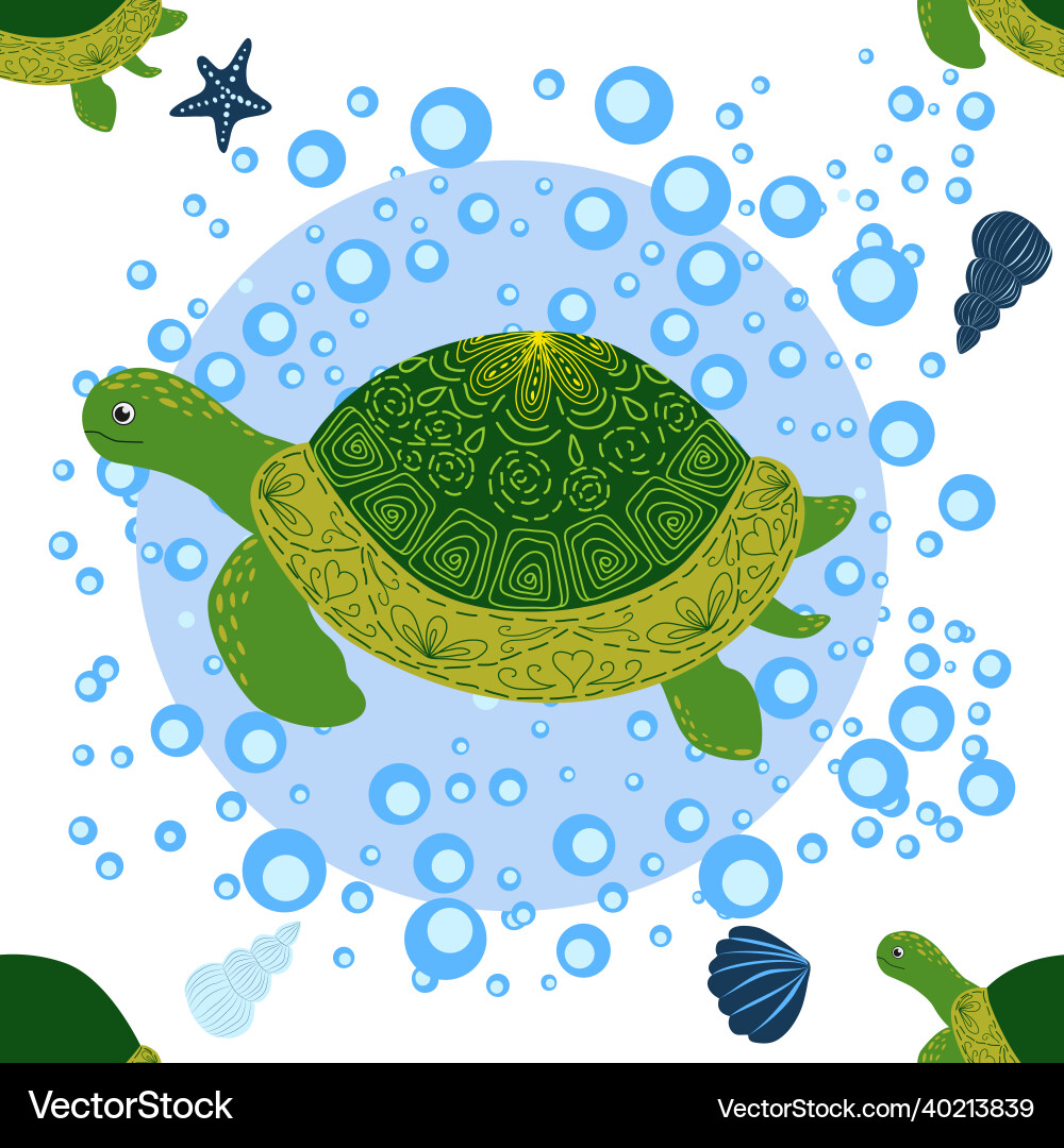 Turtle green seamless pattern beautiful character Vector Image