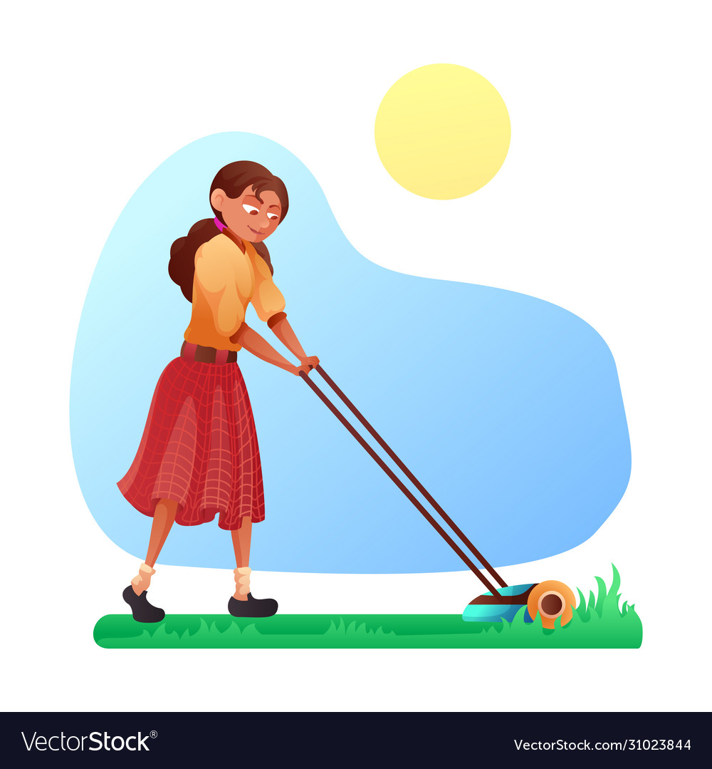 Cartoon young woman mowing grass with lawn mower Vector Image