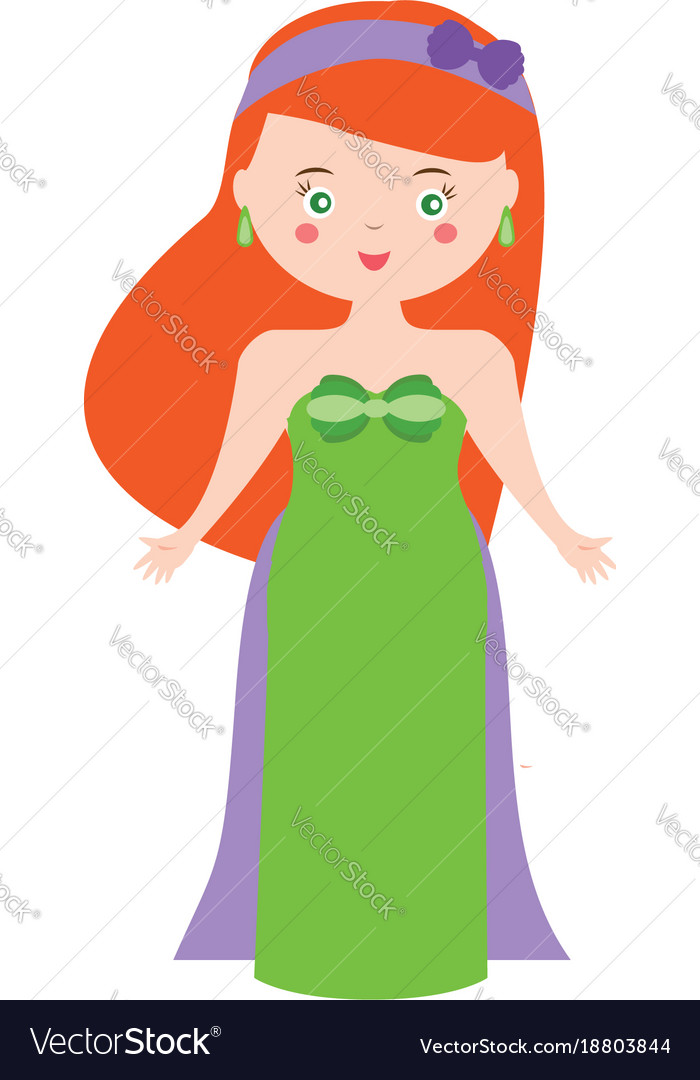 Cute princess girl in green long gown dress