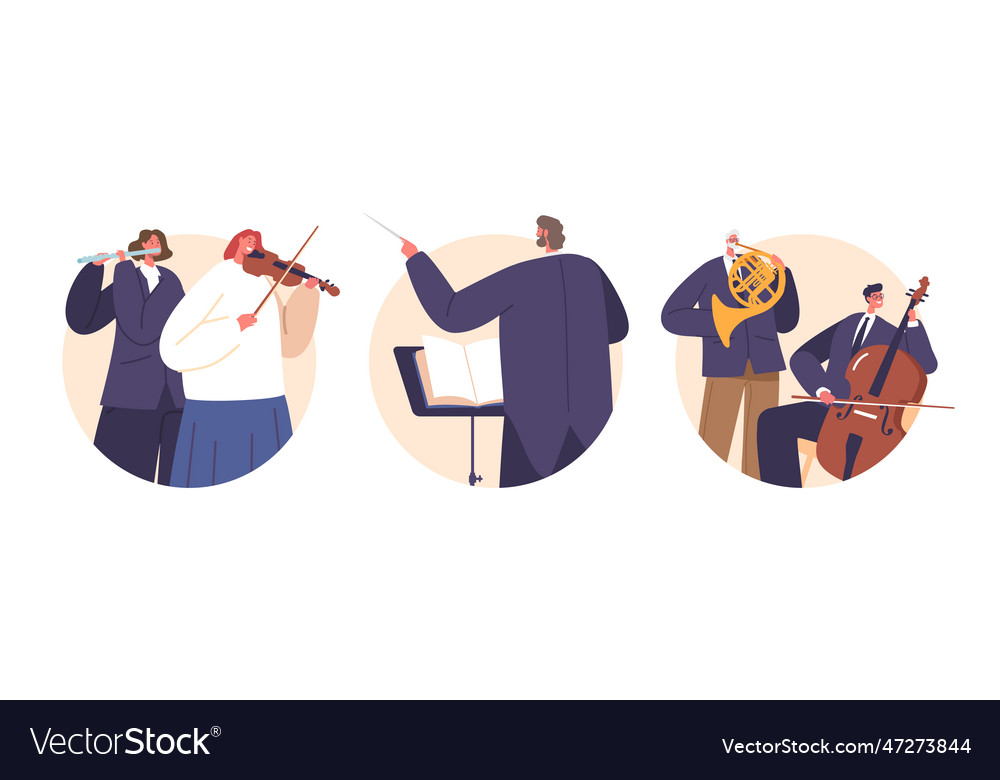 Isolated round icons with classical musicians male