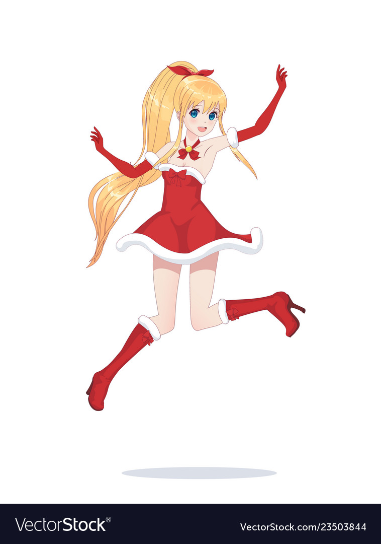 Joyful anime manga girl as santa claus in a jump