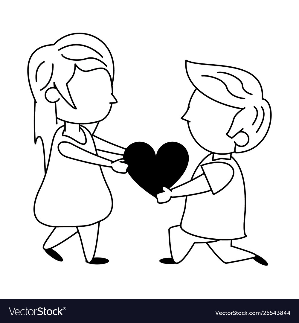 Kids in love cartoon black and white