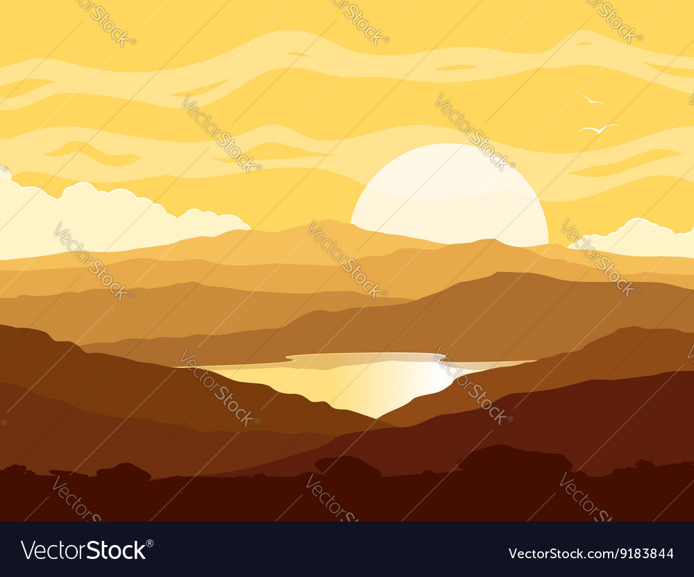 Mountain landscape with yellow sunset