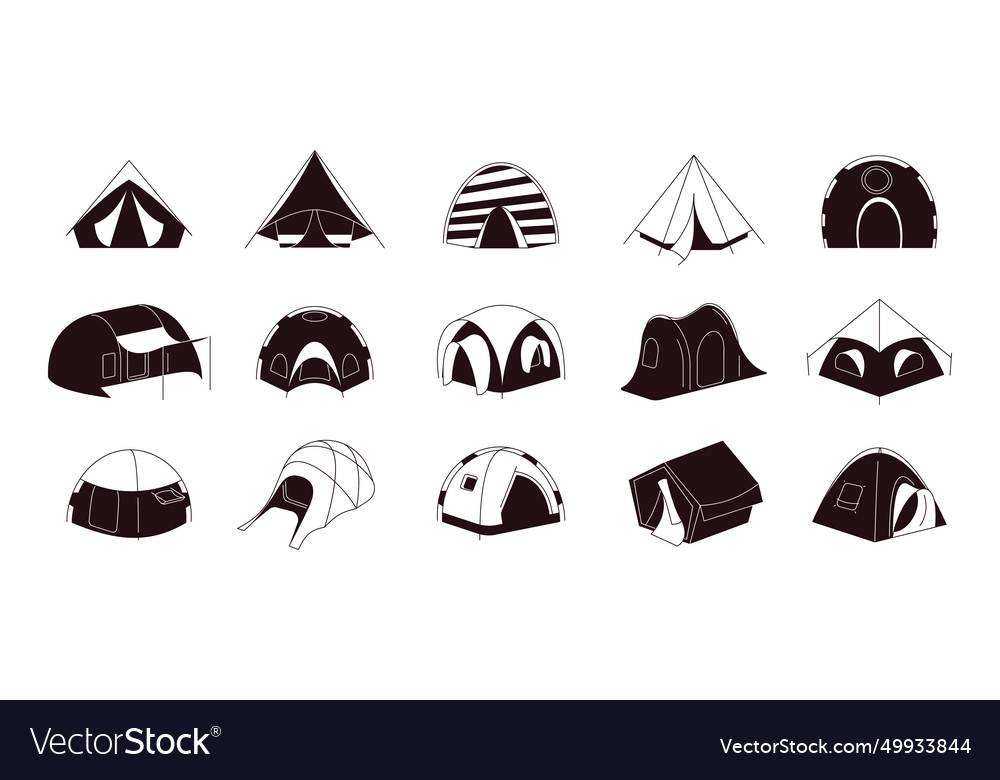 Tent black icons camping and festival open air Vector Image