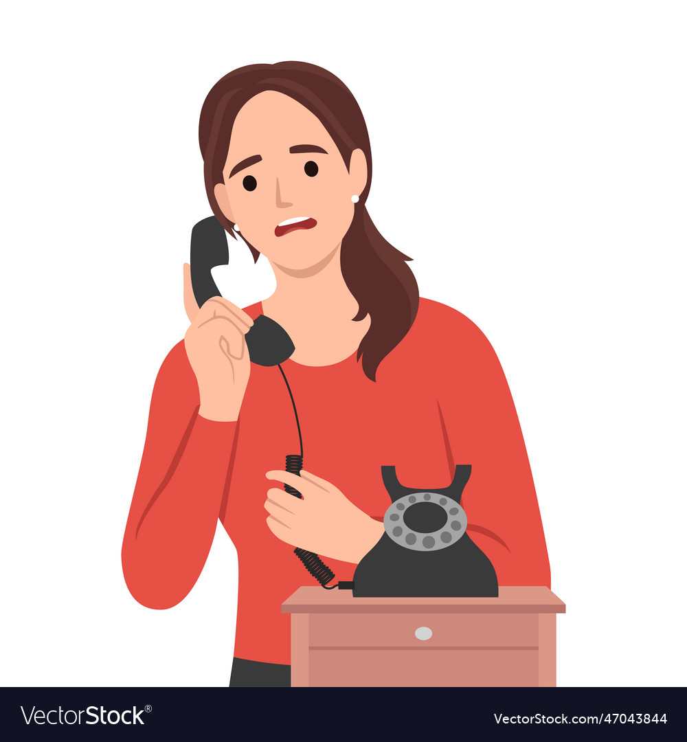 Young woman speak on old corded phone at home Vector Image