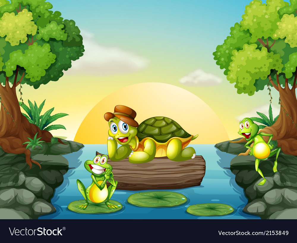 A turtle and two frogs at river Royalty Free Vector Image