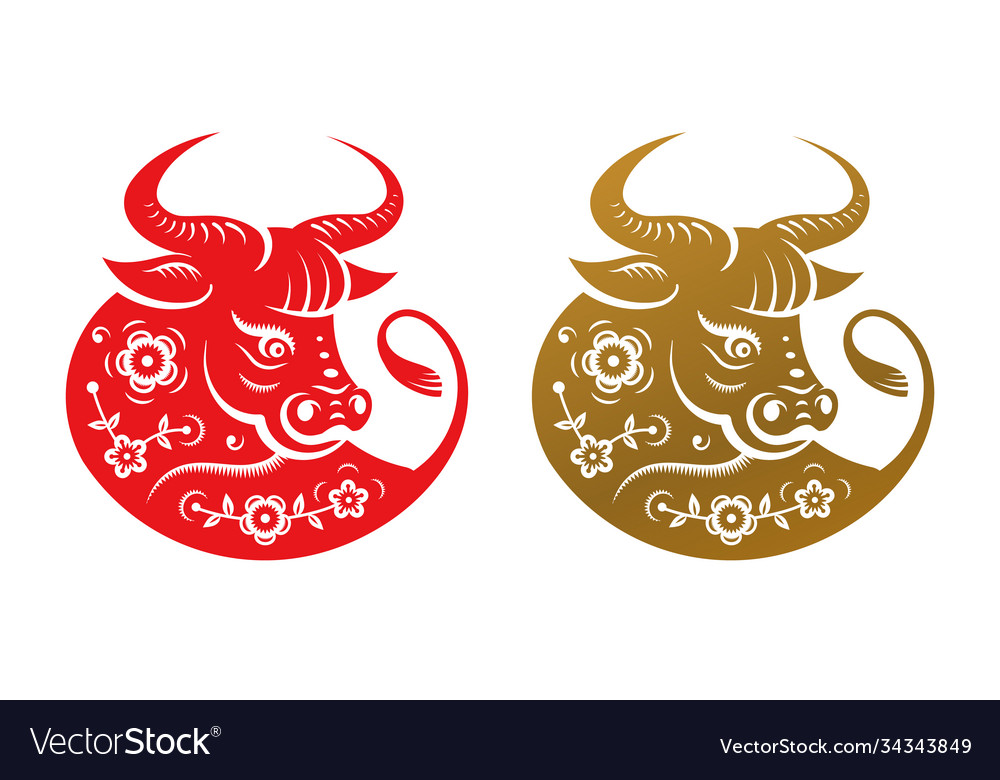 Chinese New Year Symbol Isolated Ox With Flowers Vector Image