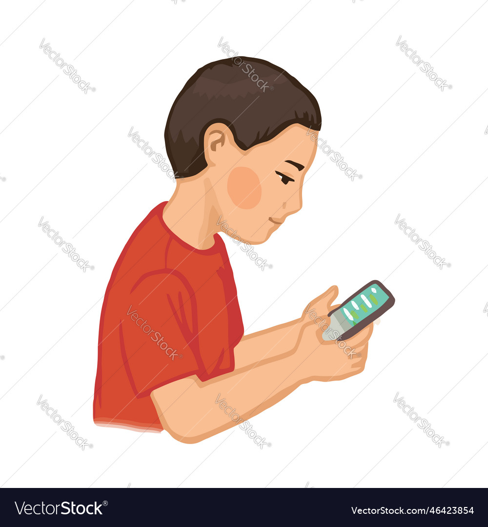 Cute asian boy texting on smartphone realistic Vector Image