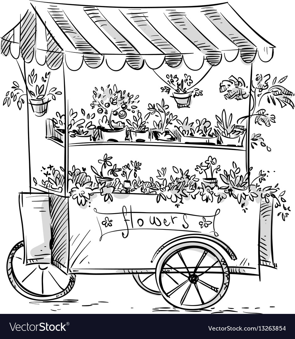 Flower stall florist cart Royalty Free Vector Image