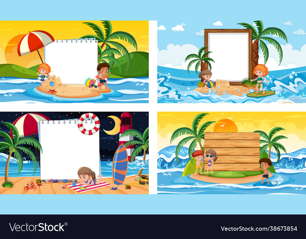 Set different tropical beach scenes with blank