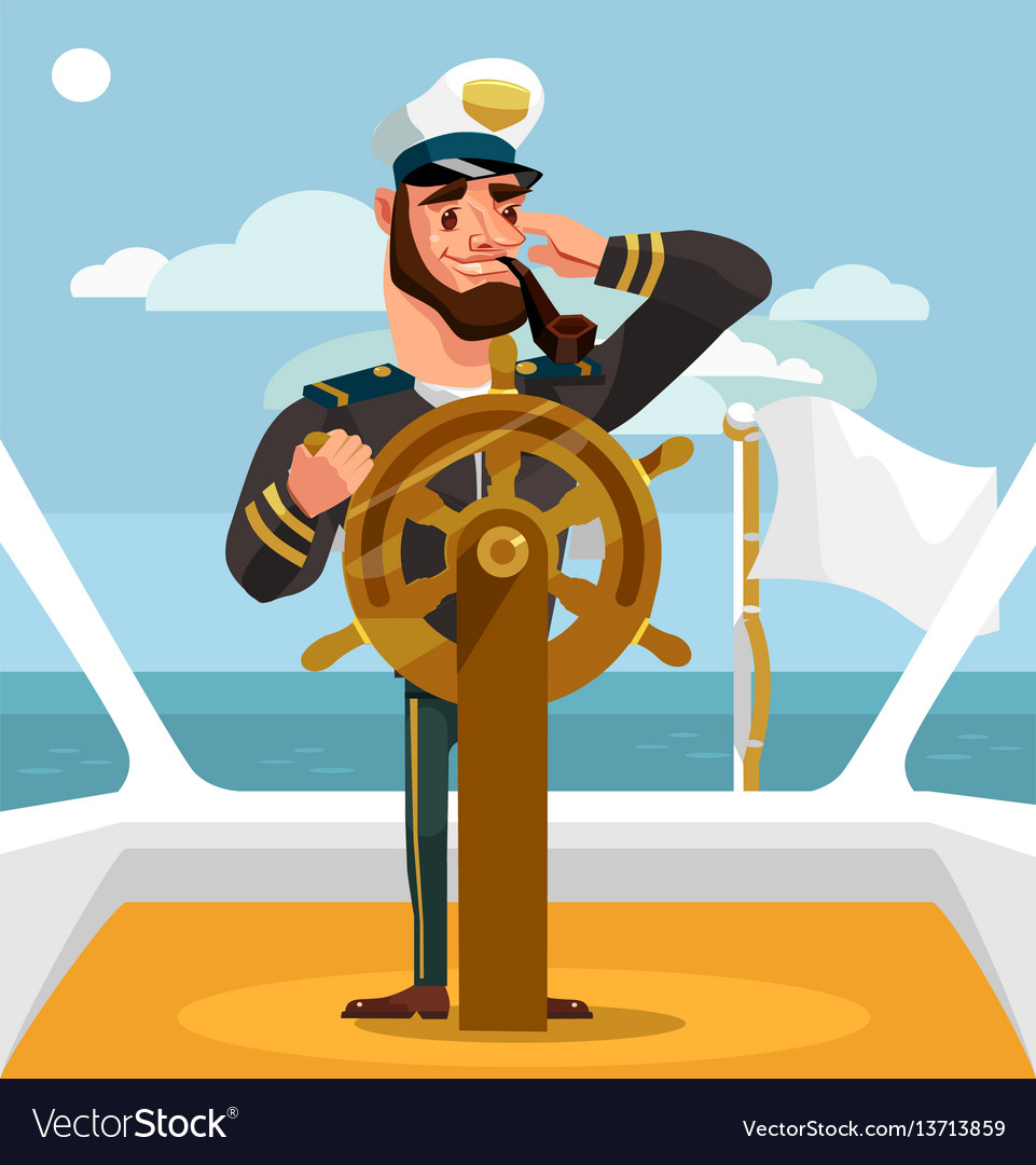 Smiling happy captain character helm Royalty Free Vector