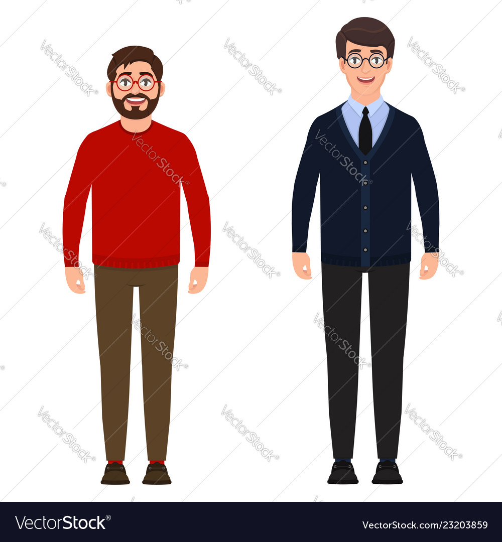 Two men are standing a bearded man in red