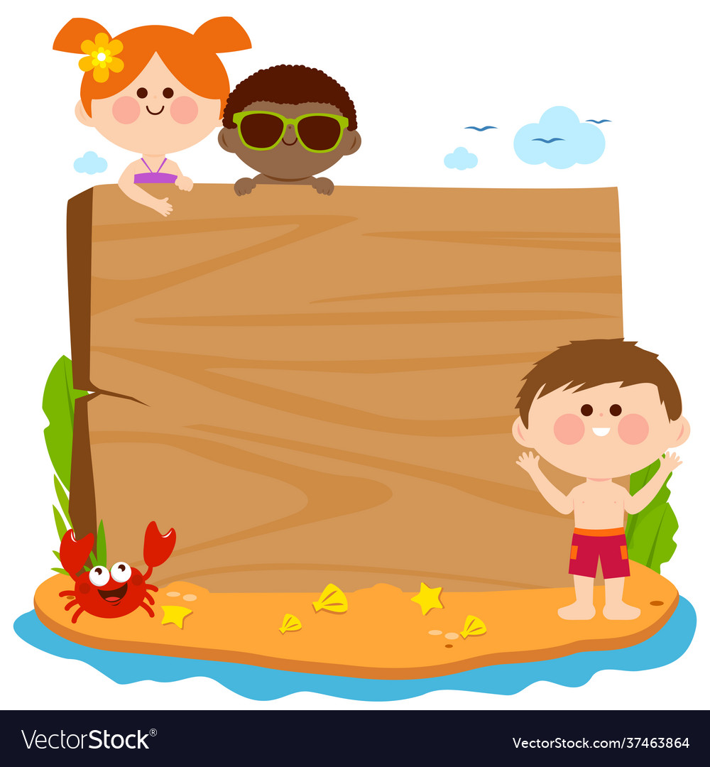 Children on a summer island and blank banner