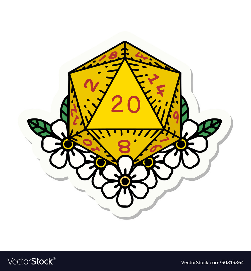 Natural 20 d20 dice roll with floral elements Vector Image