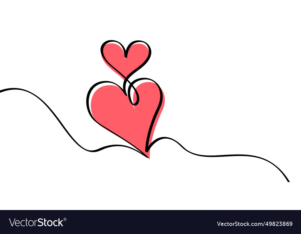 Two pink hearts continuous wavy line art drawing Vector Image