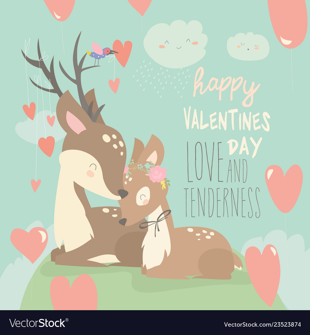 Cartoon Deer Couple With Hearts Balloons Happy Vector Image