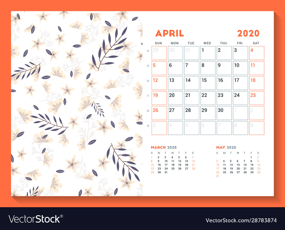 Desk calendar template for april 2020 week starts