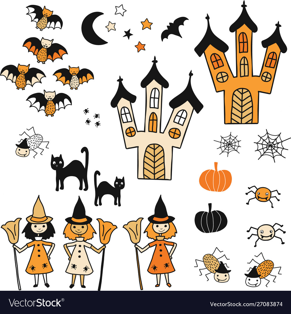 Halloween icon set cute hand drawn vector image Halloween icon set cute hand drawn