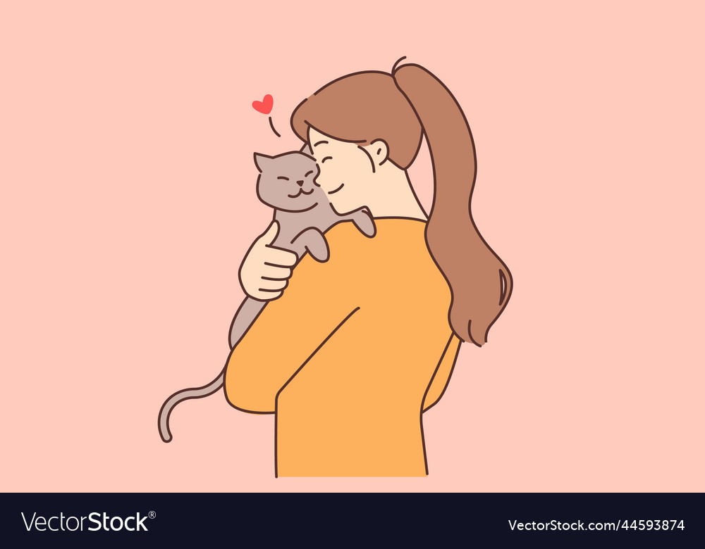 Happy girl hold cat in arms Royalty Free Vector Image