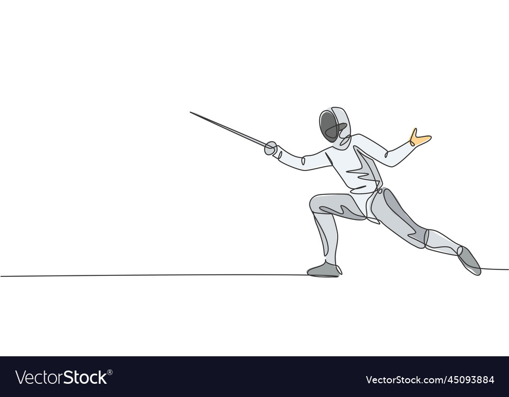 One single line drawing of young man fencer Vector Image