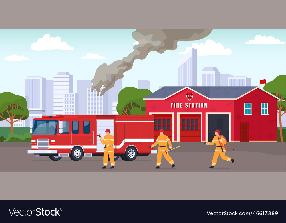 Firefighters go to the fire from the fire station Vector Image