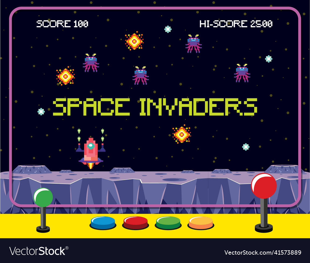 Pixel space game interface with invaders Vector Image