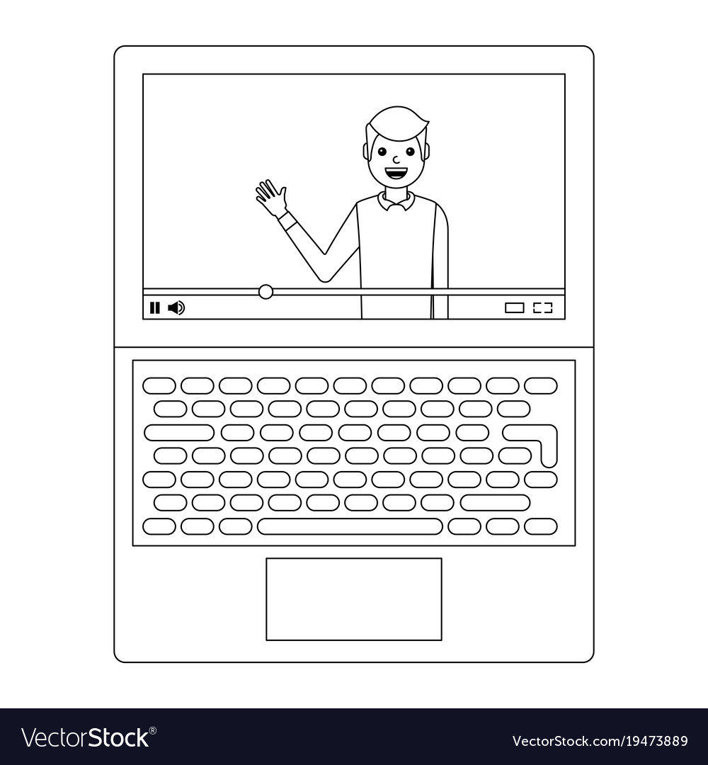 Young man waving happy in laptop avatar character