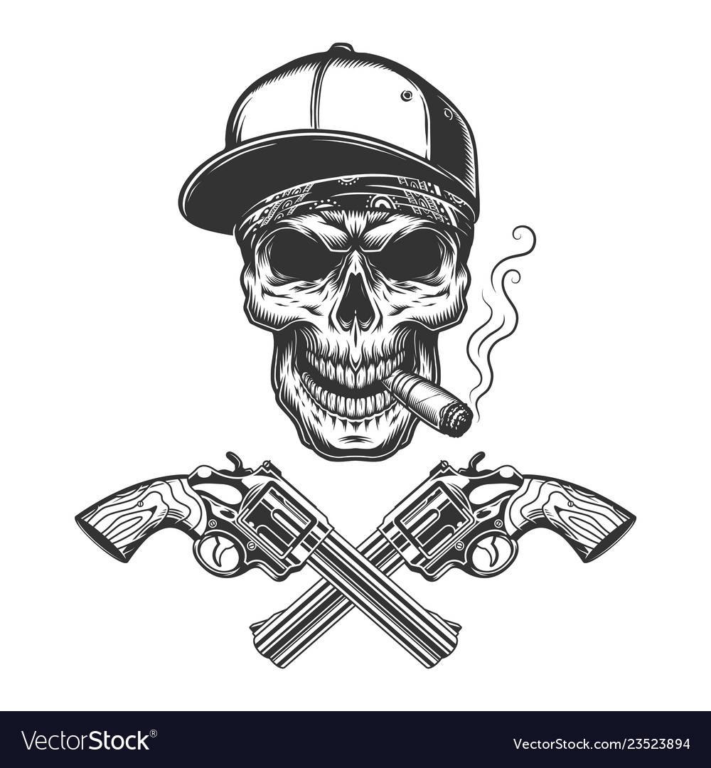 Vintage monochrome bandit skull smoking cigar Vector Image