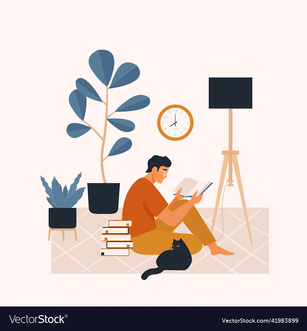 Young man sitting on a floor and reading book Vector Image