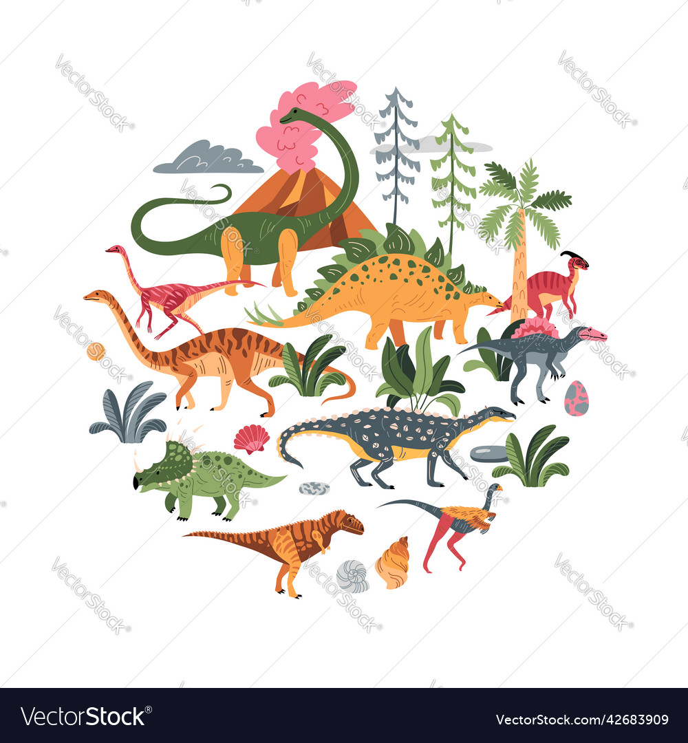 Dinosaur world round composition Royalty Free Vector Image