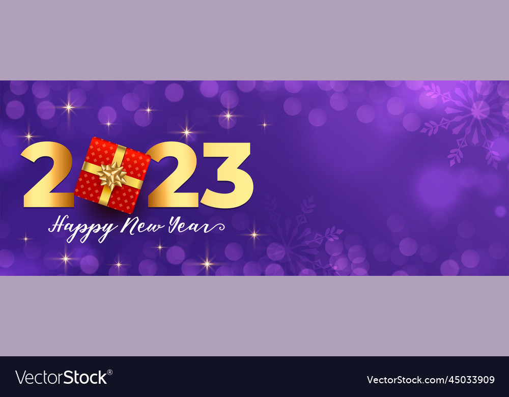 Happy new year 2023 purple banner in bokeh Vector Image