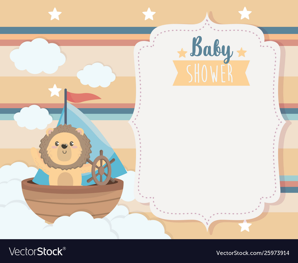 Card cute lion in ship and clouds