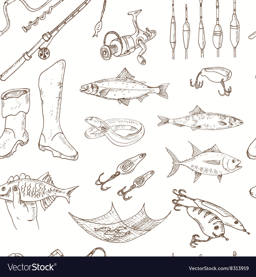 Fishing tackle tools seamless pattern sketches Vector Image