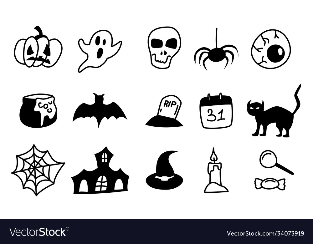 Halloween hand drawn line icons on white Vector Image