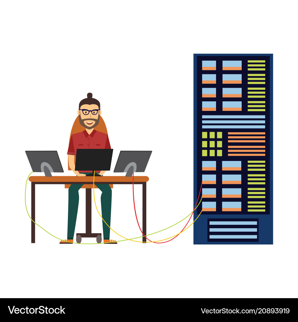 Server Rack Man Man at server rack data center Royalty Free Vector Image